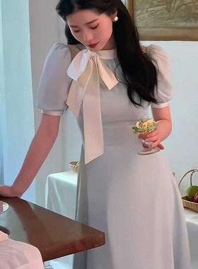 蝴蝶结绑带气质端庄法式优雅显瘦春夏连衣裙蓝色短袖长裙子