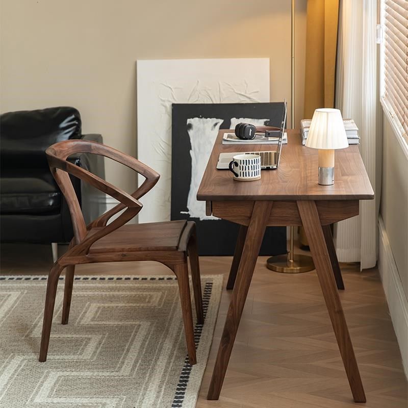 黑胡桃木书桌实木电脑桌学生学习写字桌简易书房办公桌家用长方桌