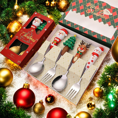 圣诞节礼物小礼品老人麋鹿树公仔叉子勺子餐具礼盒套装2024年新款