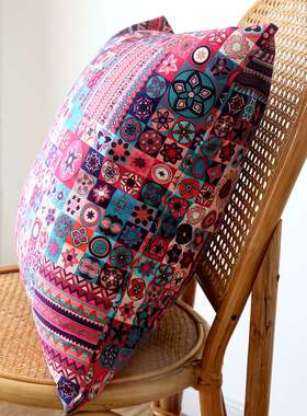 民族风喜庆红色砖纹几何格子布艺抱枕套靠垫套正方形沙发靠枕