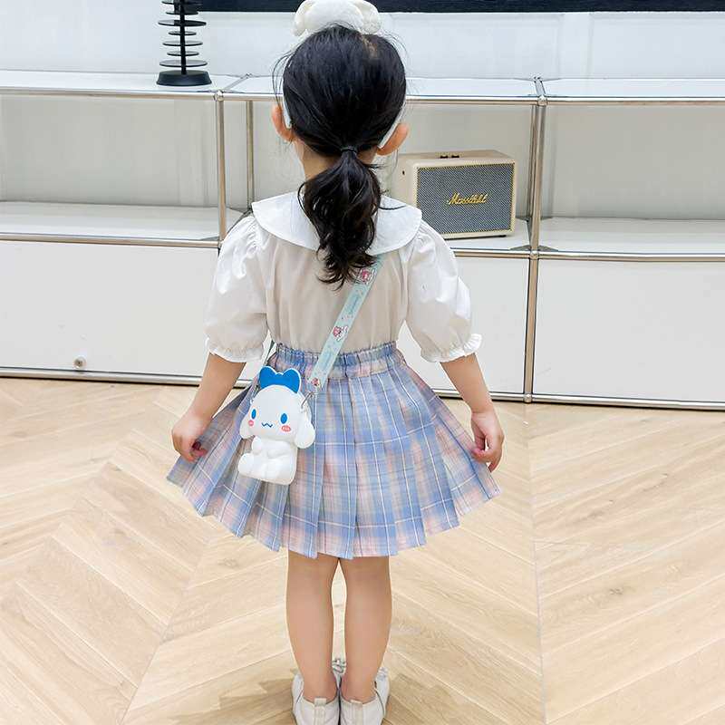 2026夏季新款女童夏装中小童韩版时尚领结短袖格子玉桂狗JK百褶裙