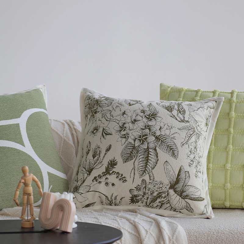 奶油风抱枕套绿色花卉高级感复古抱枕客厅沙发方形腰枕靠背垫套