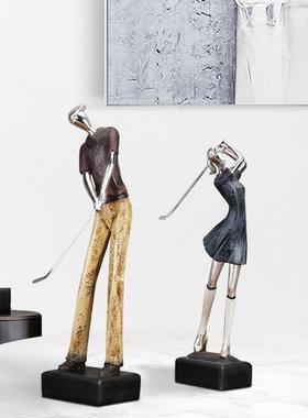 新中式高尔夫情侣人物摆件客厅桌面书房样板房玄关家居软装饰品