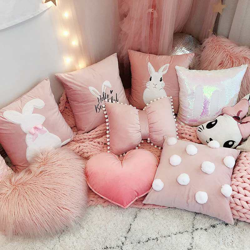 公主灰粉色少女心兔抱枕套ins风北欧长毛绒靠垫沙发床头可爱靠枕