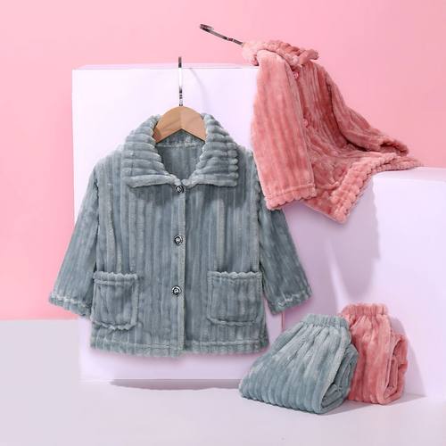 新款春秋冬季儿童法兰绒睡衣女宝宝男宝宝童家居服珊瑚绒套装加厚