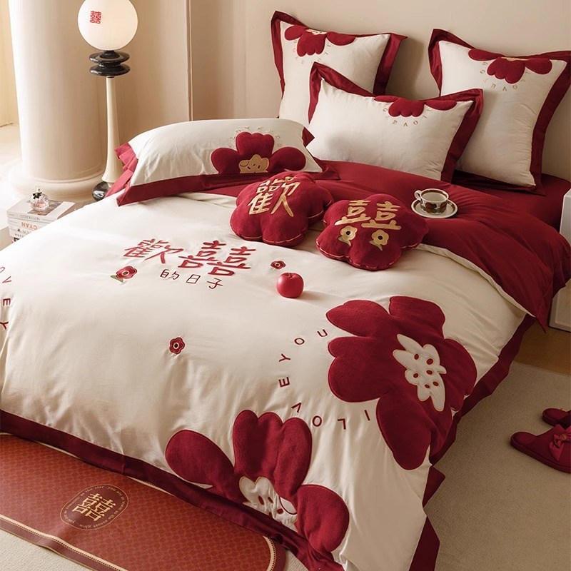 100支长绒棉结婚四件套大红色全棉喜被新婚婚庆陪嫁床上用品