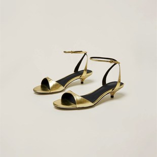 想不吸睛都难 鹿小姐手工鞋 女 一字带搭扣高跟凉鞋 金色小猫跟鞋