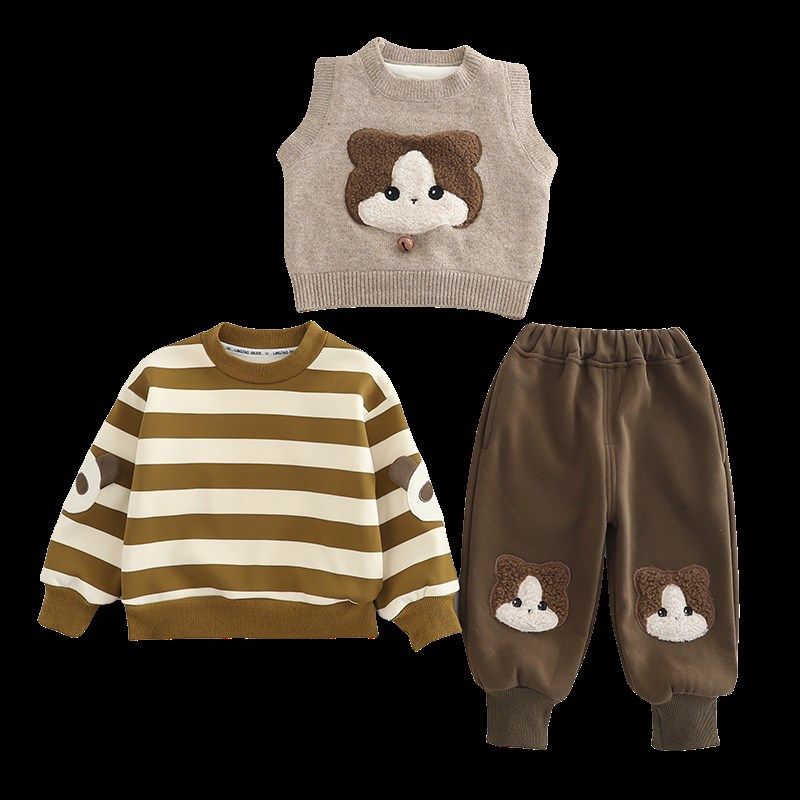 宝宝冬装加绒加厚套装洋气男童毛衣三件套秋冬季婴儿童时髦马甲潮
