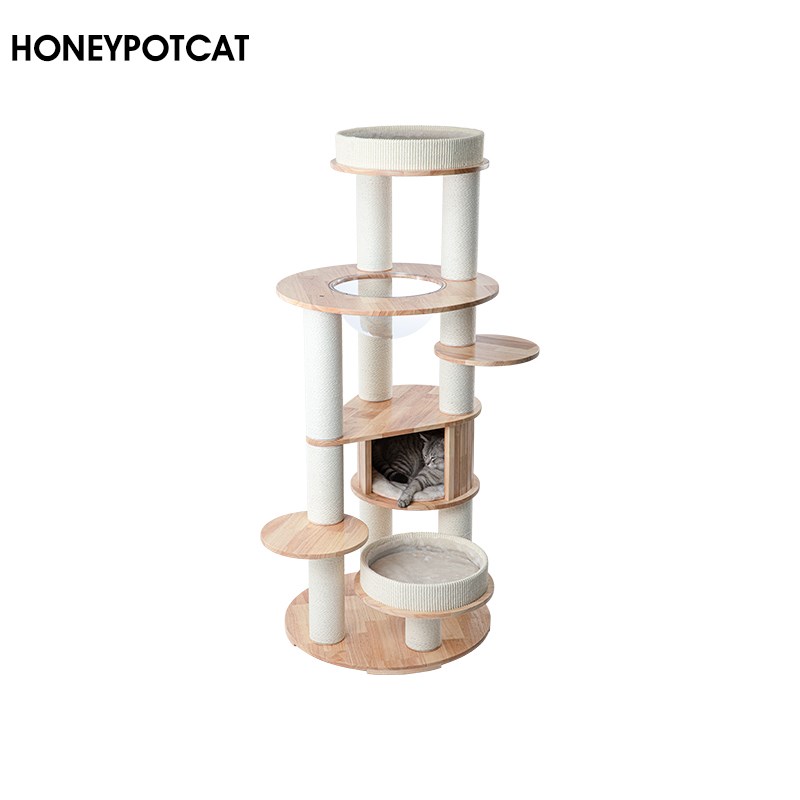 喵佐 实木猫爬架猫窝猫树一体橡胶木猫架 太空碗猫塔 190328Pro