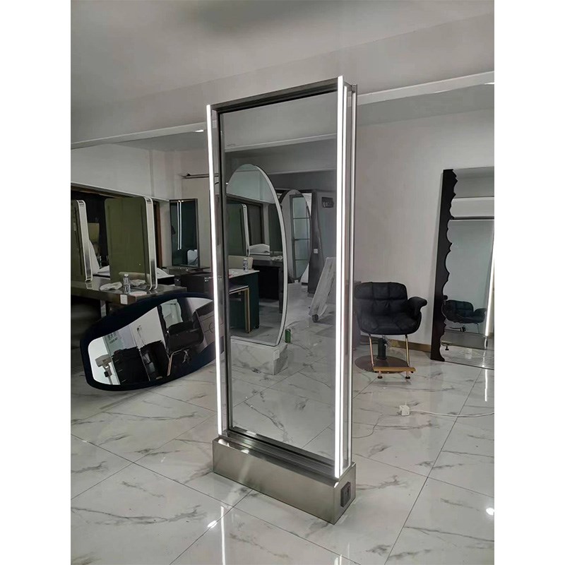 网红不锈钢框架理发镜带灯剪发烫染美发店镜子发廊双面落地镜