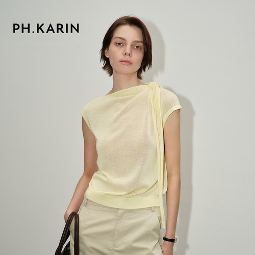 PH Karin夏季斜领飘带针织衫女亚麻莱赛尔透气薄款无袖上衣2026