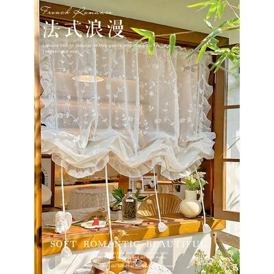 法式田园白色蕾丝纱帘抽绳提拉帘厨房半帘卧室飘窗水波帘免打孔