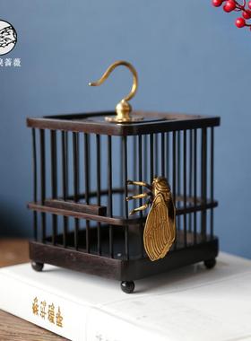新中式禅意木质金属迷你小鸟笼子茶室茶桌复古风软装饰品托盘摆件