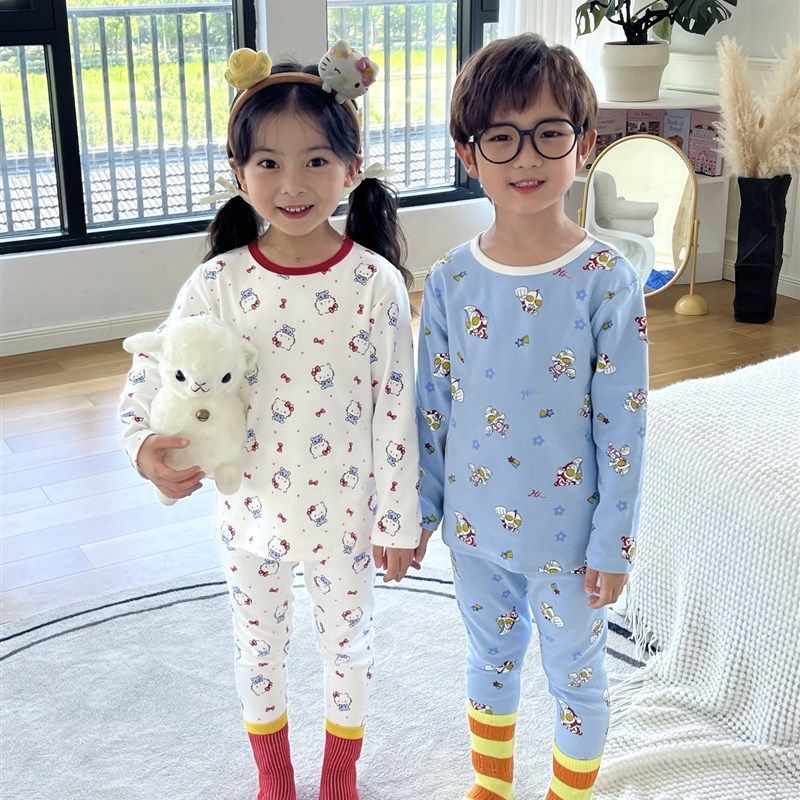 【羊毛拉架】儿童家居服保暖内衣套装95%棉秋衣秋裤睡衣磨毛卡通