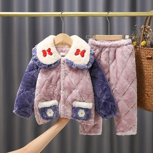 可爱女童红色冬季三层夹棉加厚柔软款睡衣保暖家居服儿童宝宝套装