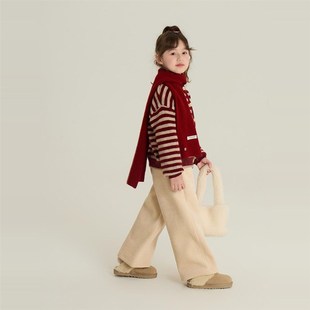 依依妈中大女童洋气红条纹针织开衫冬装款儿童简约加厚毛衣外套潮