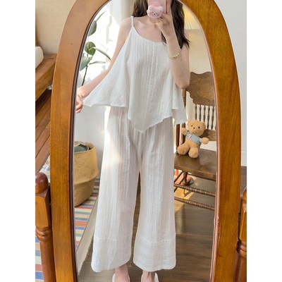 夏季薄款纯棉睡衣套装女宽松吊带短袖长袖长裤九分阔腿裤家居服女