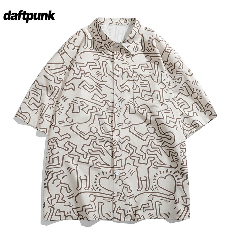 夏威夷风满印短袖花衬衫男女古着vintage碎花沙滩衬衣bf风情侣装