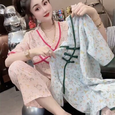 新中式盘扣睡衣女2024夏季新款V领碎花短袖七分裤大码家居服套装