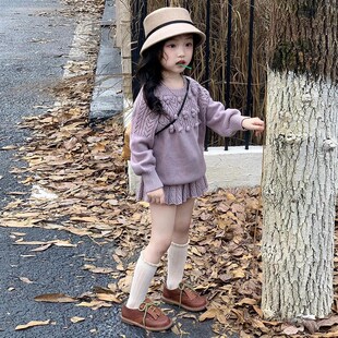 韩国童装2024秋冬新款甜美紫色针织套装女童可爱立体球球毛衣半裙