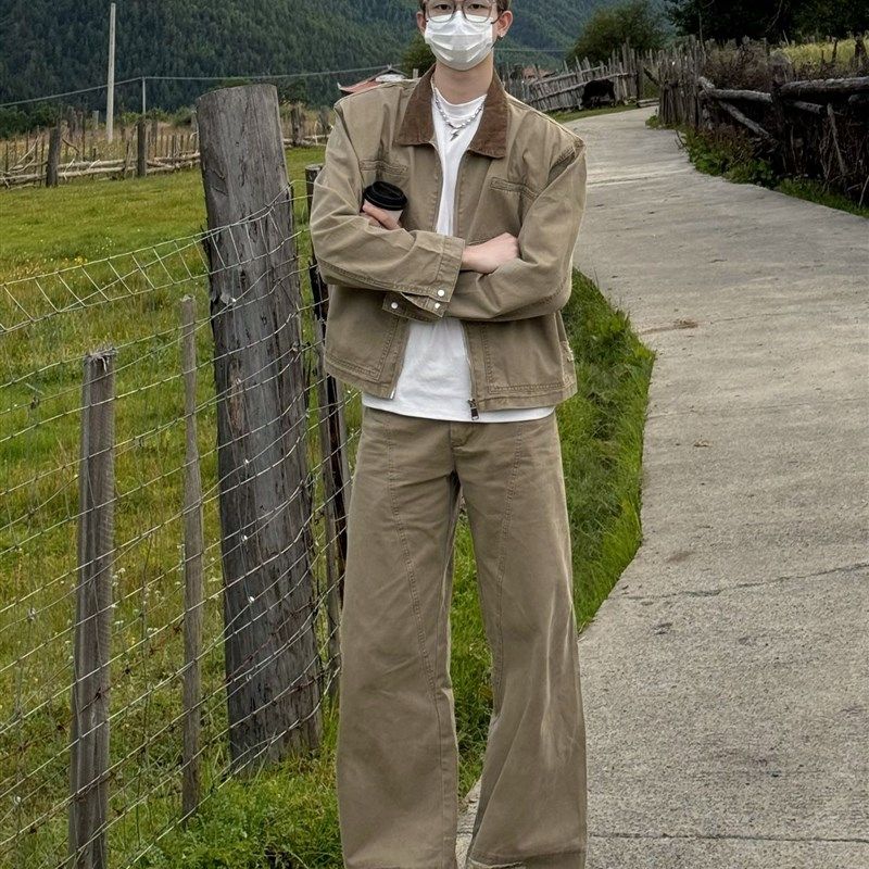 孙聖云啊雲 卡其灯芯翻领牛仔套装磨破微喇牛仔裤美式街头复古潮