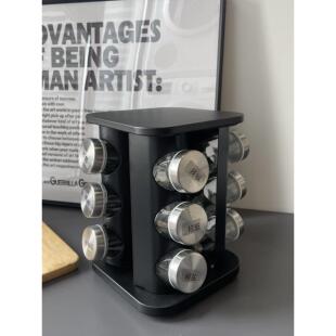 VIELE 黑色旋转调料瓶收纳架北欧风银色不锈钢调味罐厨房用品套组