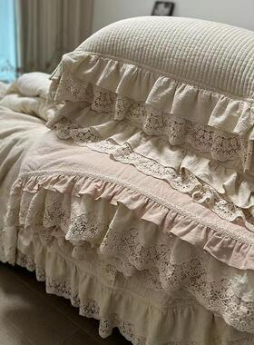 棉麻床盖三件套被套四件套双人床上用品公主风荷叶边大花边法式