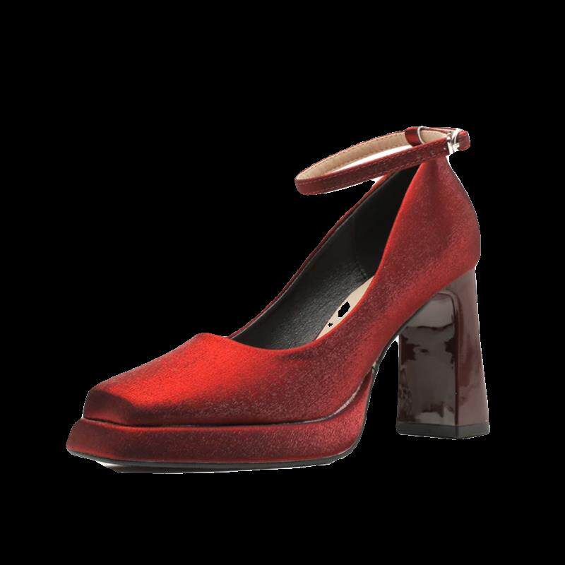 好货酒红色防水台高跟鞋粗跟小个子玛丽珍缎面方头新娘鞋婚鞋婚纱