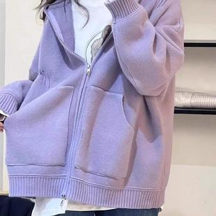 好货胖mm大码300斤紫色拉链毛衣外套女秋冬季连帽开衫宽松针织衫