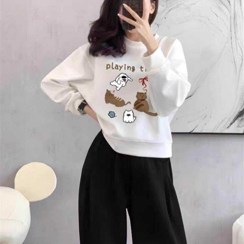 好货白色短款卫衣女高腰早秋薄款圆领小个子韩版宽松设计感小众上