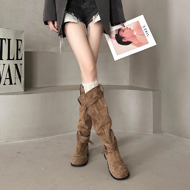 新品欧美风搭扣绒面牛仔时装靴女2026夏季粗跟长筒显瘦堆堆靴高跟