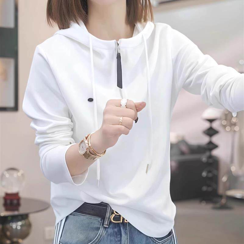 好货白色半拉链连帽长袖卫衣女2025秋季新款宽松百搭打底套头正肩