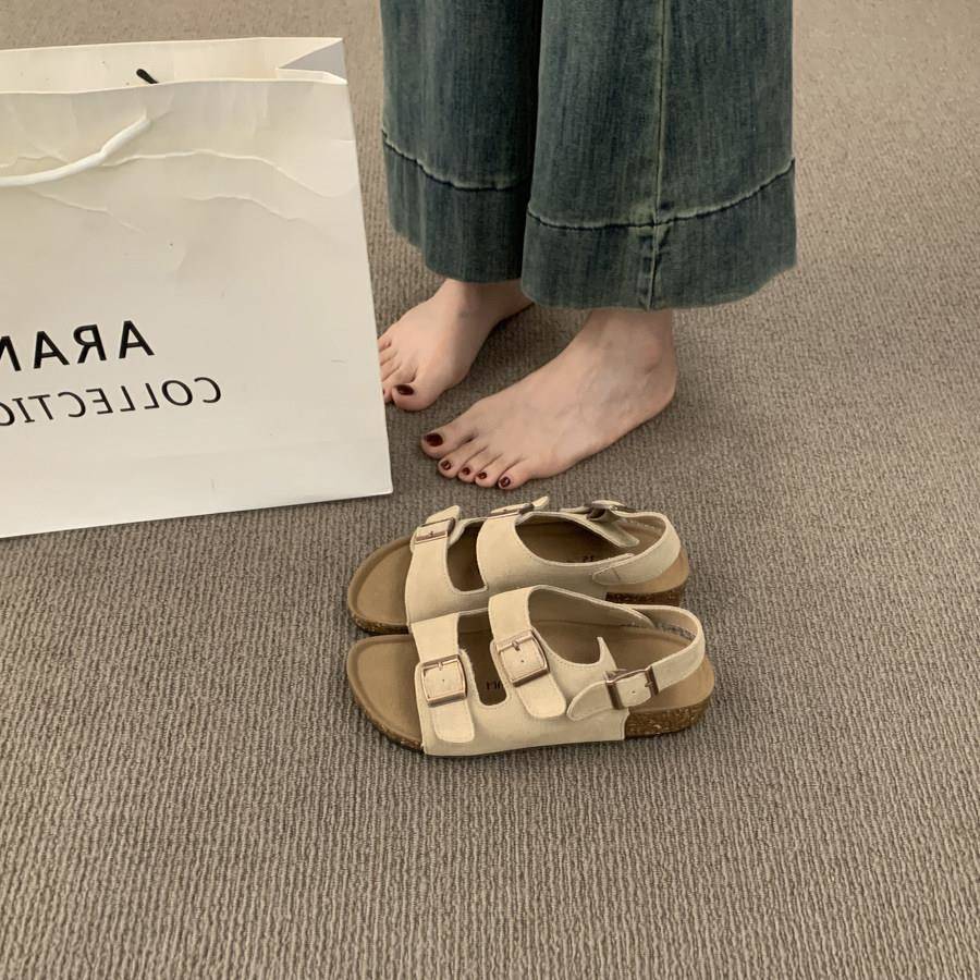 新品日系慵懒风双扣带凉鞋女2026春夏软木厚底防滑舒适通勤百搭博