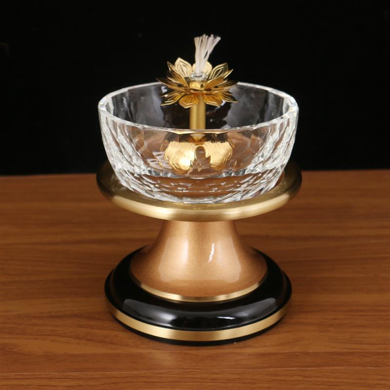 瑞祥佛具纯铜油灯 莲花灯芯痤铜佛灯 水晶玻璃碗长明灯 酥油灯
