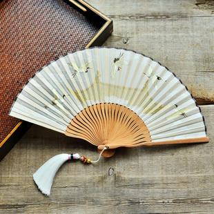 飞鹤素白折扇中国古代宫庭风女式淡雅汉服旗袍搭配摄影拍照道具