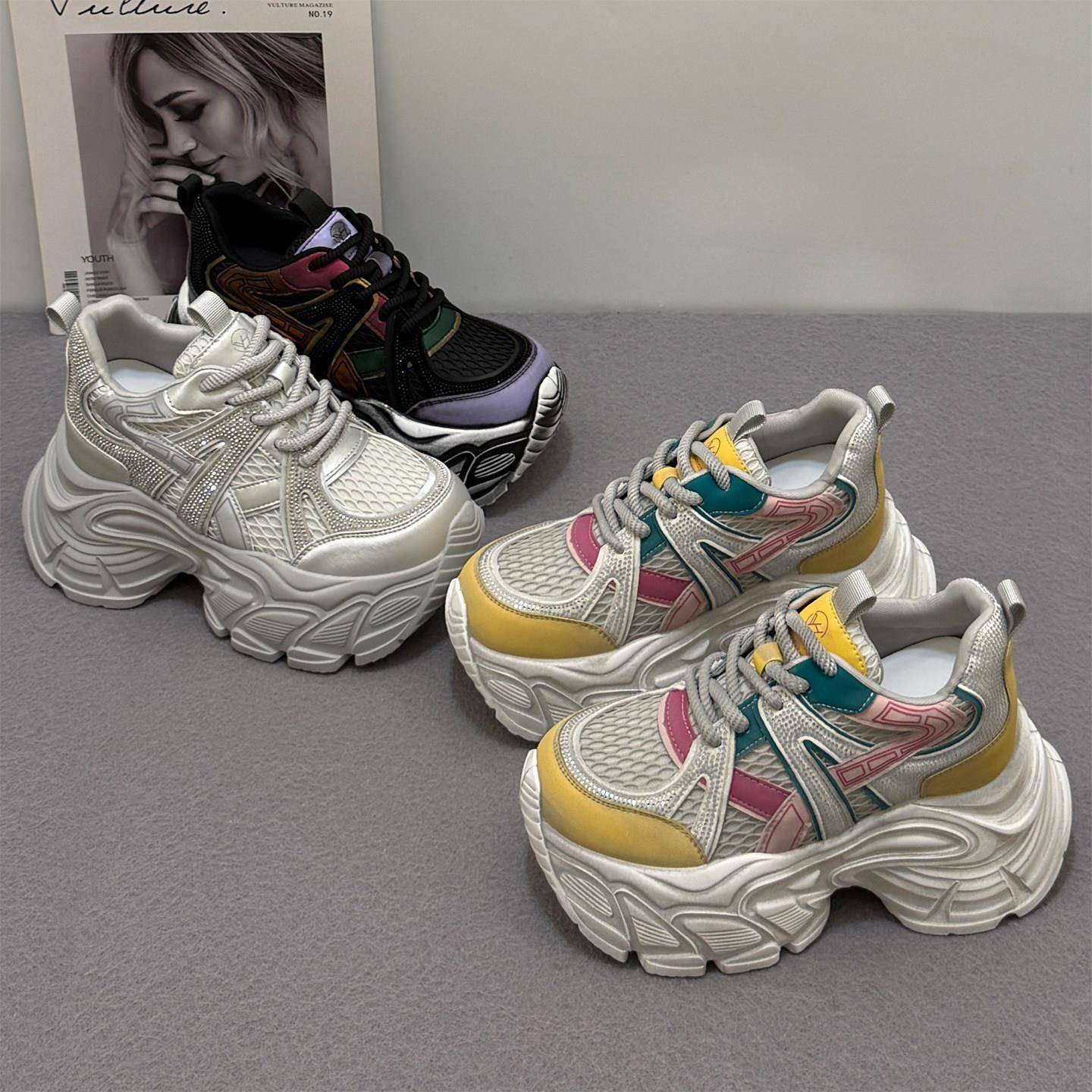 新品2026夏新款超火厚底增高8CM老爹鞋女镂空透气小个子运动休闲