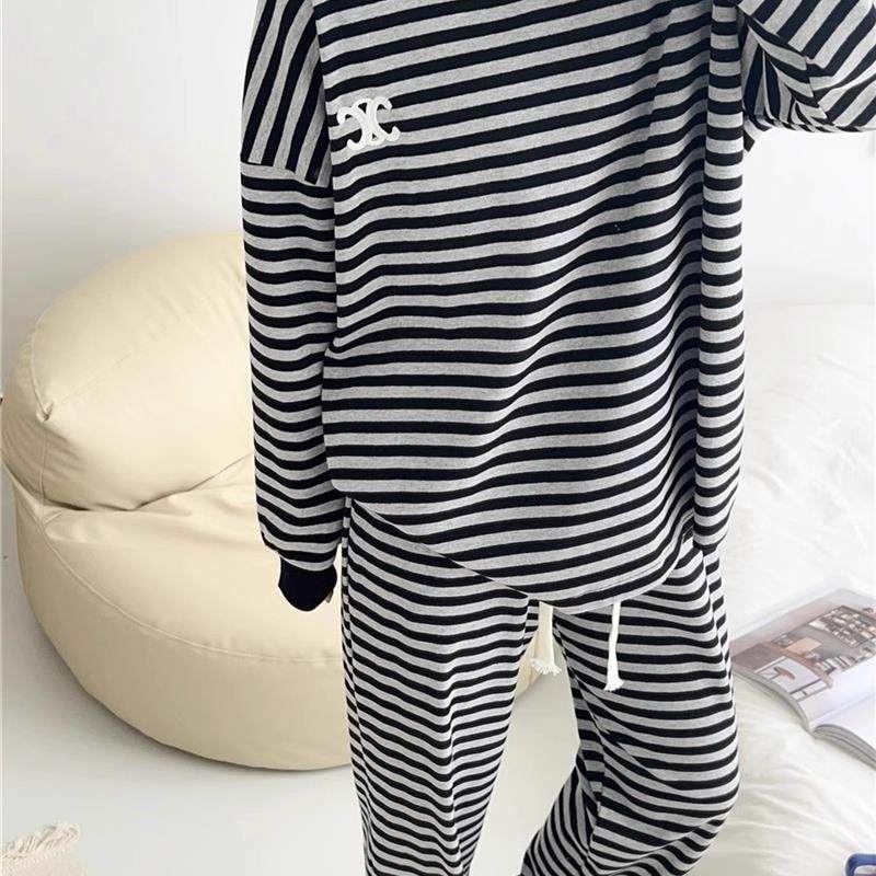 好货大码两件套春秋季条纹运动套装宽松休闲女睡衣家居服胖mm2-30