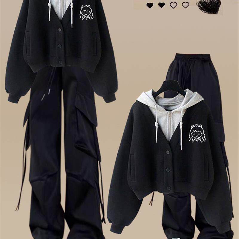 好货中学生大童少女假两件连帽卫衣春秋外套高中初中生工装裤两件