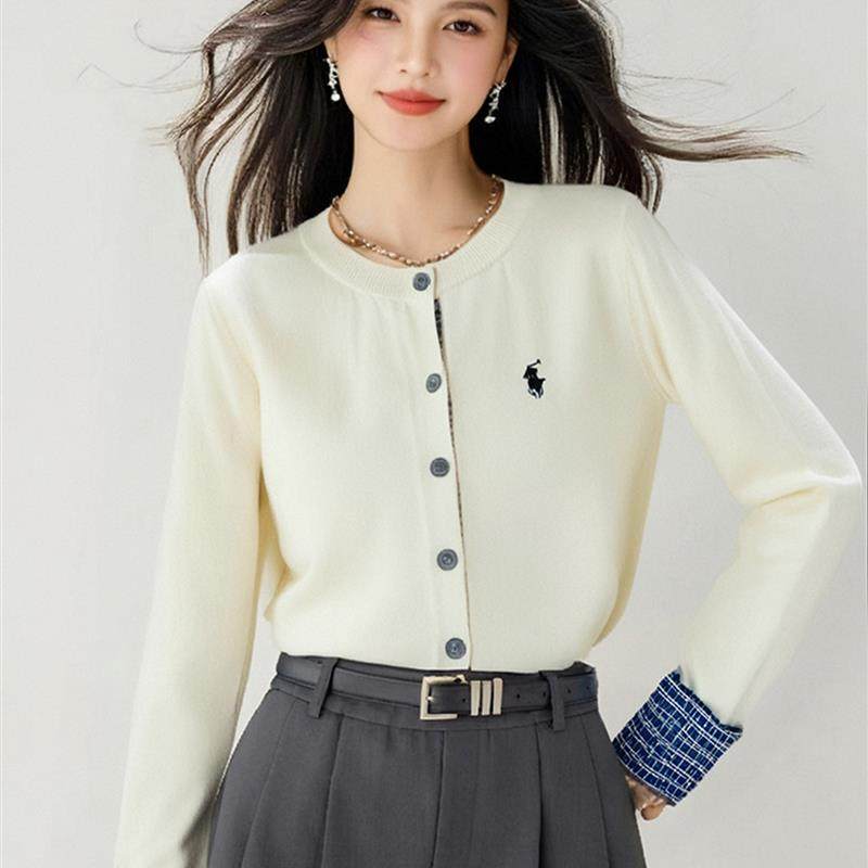 好货针织开衫外套薄款女2025早秋新款慵懒风撞色拼接圆领毛衣长袖