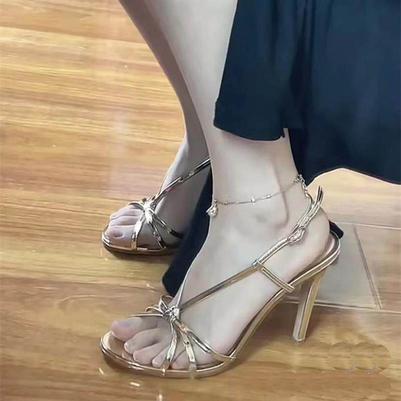 好货羊皮版~金色绑带高跟鞋今年新款夏季一字带细跟气质名媛女士