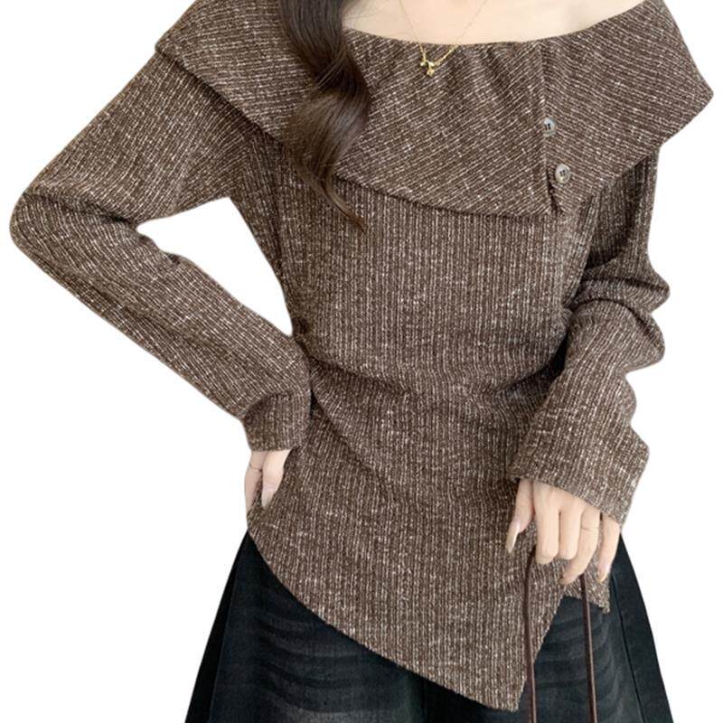 好货荷叶边一字领长袖打底针织衫女春秋大码胖mm显瘦不规则短款小