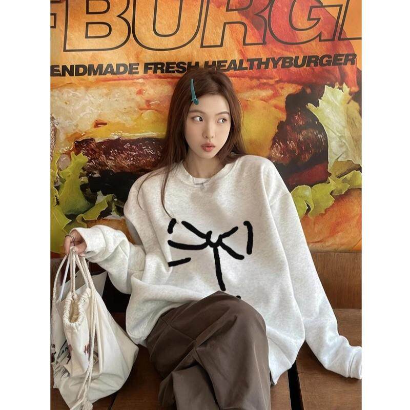 好货圆领卫衣女白灰色2025新款秋冬季宽松加绒加厚美式慵懒感chic