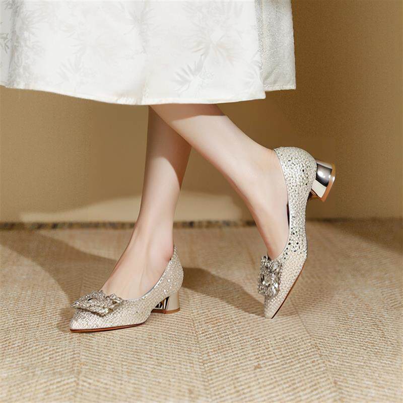好货女粗跟单鞋水钻宴会通勤鞋婚鞋永不过时高跟鞋3cm婚纱