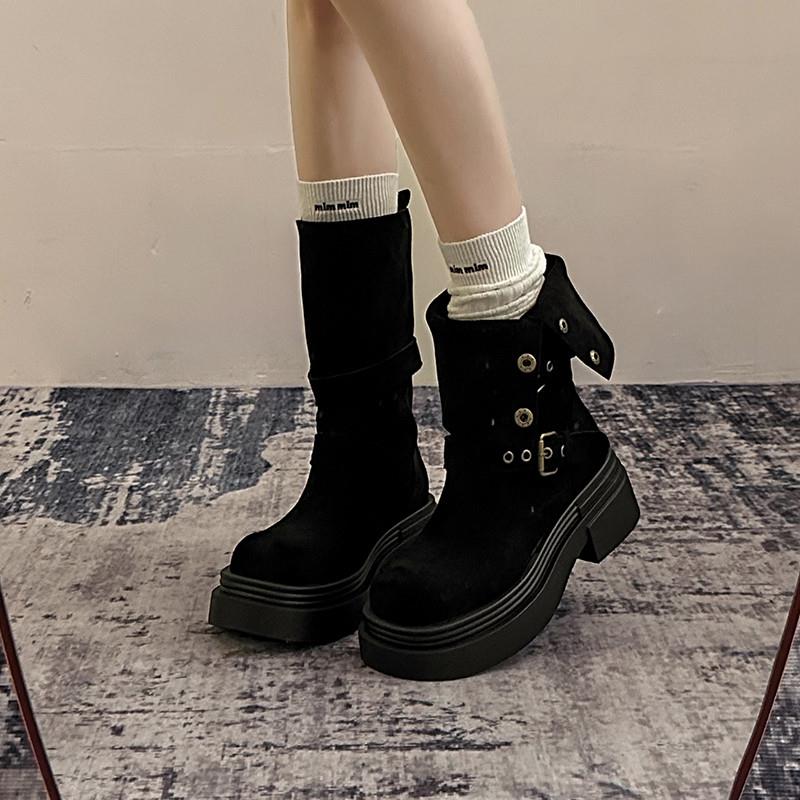 新品复古马丁靴女2025秋冬新款增高显瘦翻折两穿美拉德厚底中筒短