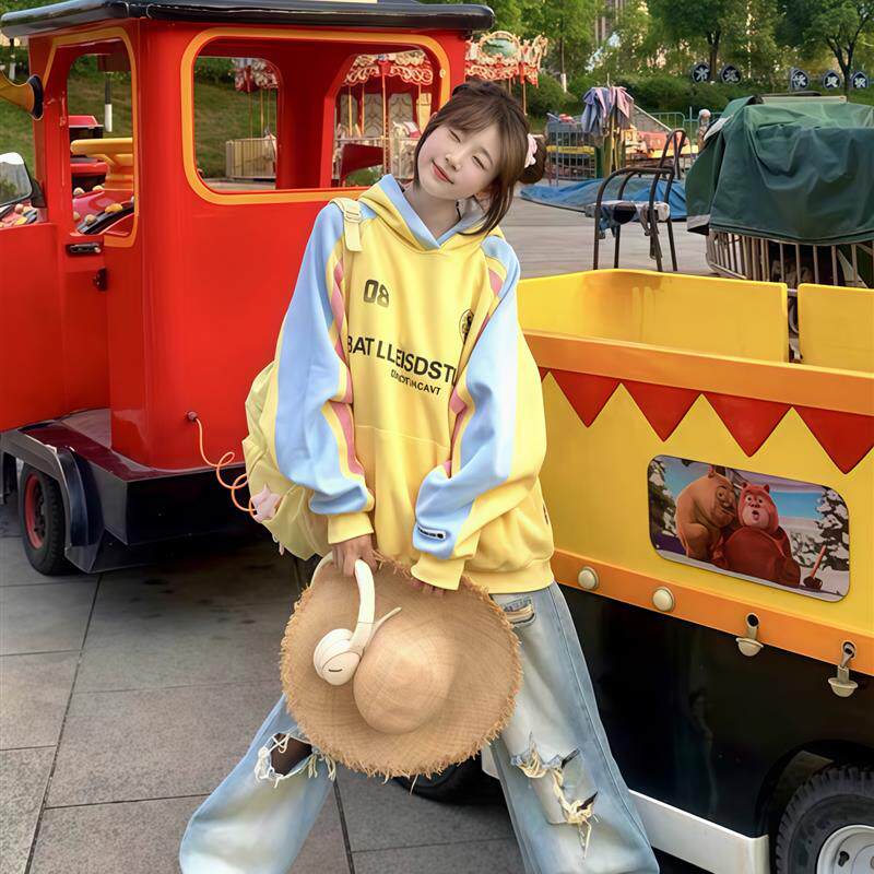 好货美式高街撞色连帽卫衣女大童学院风秋冬初中高中学生宽松加绒