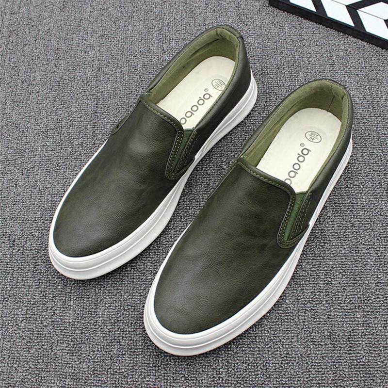 好货新款男鞋子一脚蹬休闲皮鞋男百搭潮流套脚平底板鞋男士皮面乐