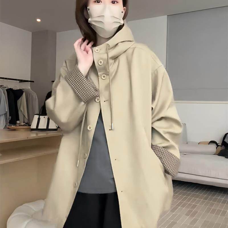 好货2025早秋新款韩系慵懒风宽松气质连帽风衣外套女简约休闲防风