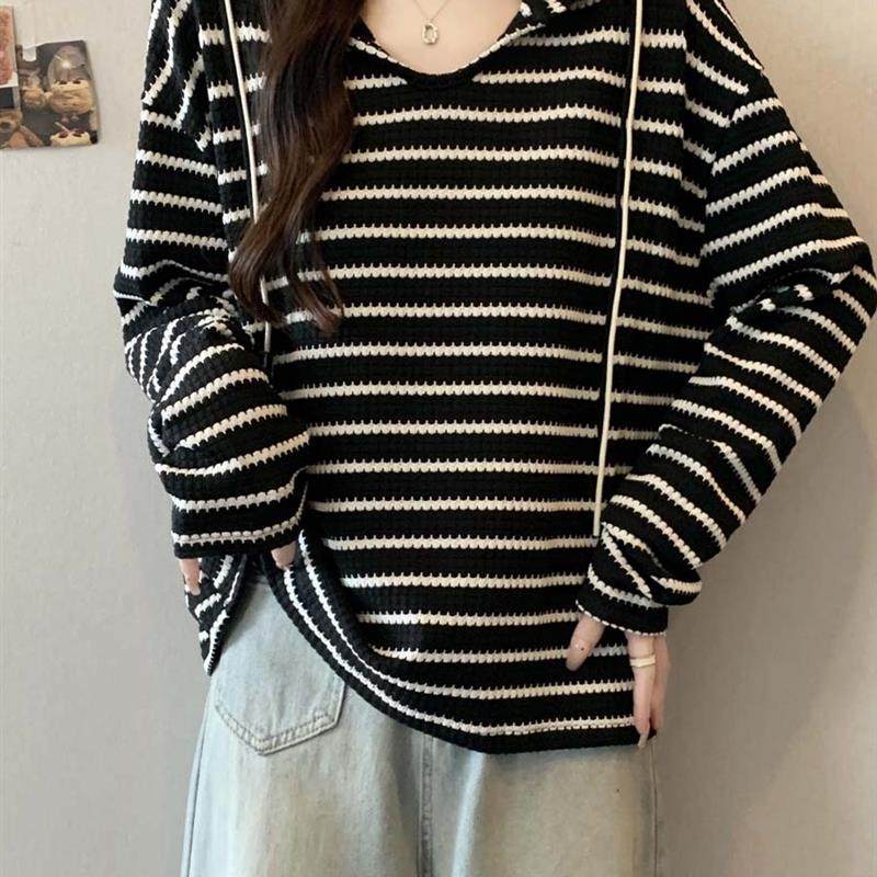 好货不规则套头连帽卫衣女春秋2025新款大码胖mm宽松显瘦短款条纹
