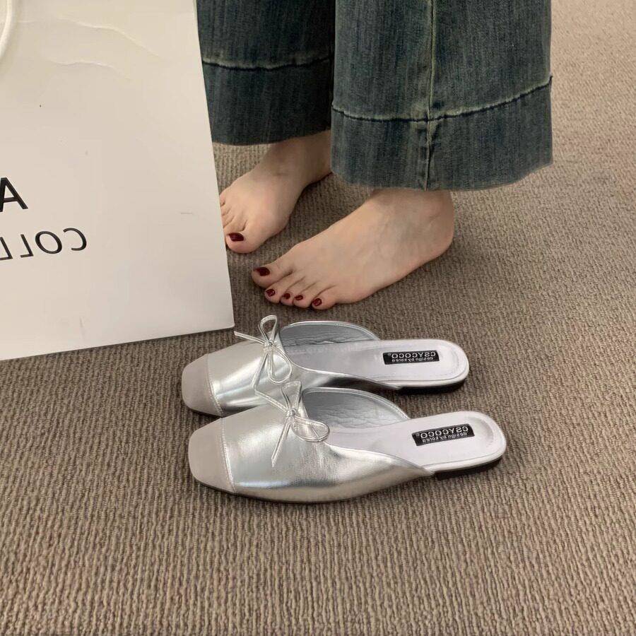 新品法式平底小香风晚晚鞋绸缎包头半拖鞋女外穿懒人一脚蹬芭蕾穆