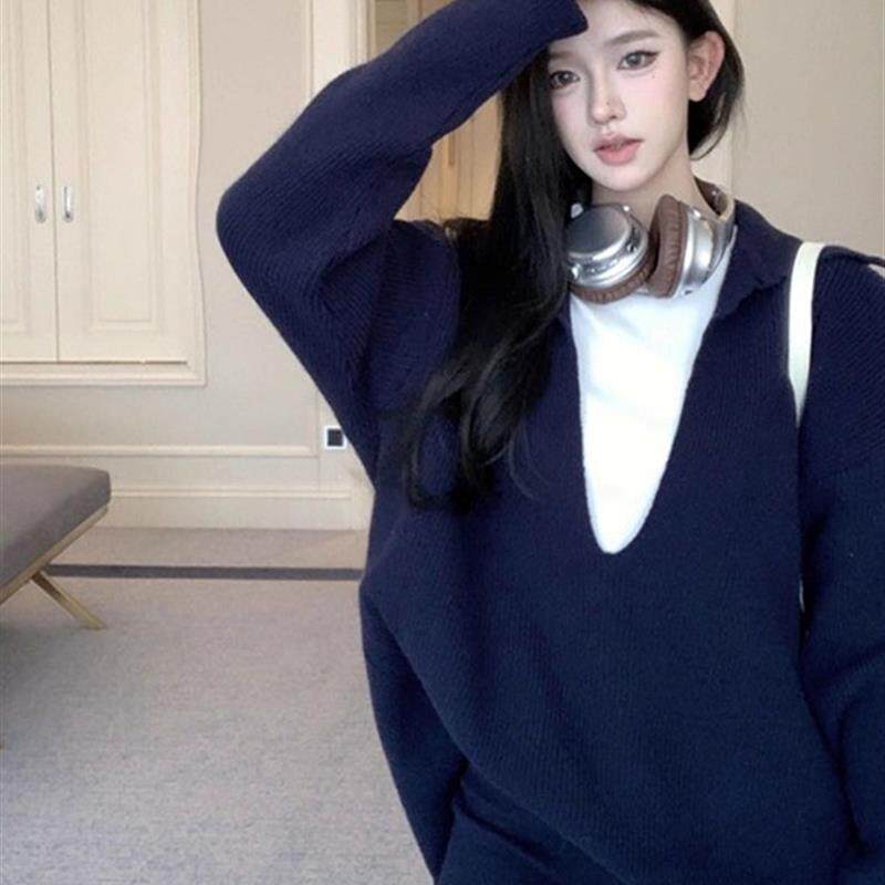 好货韩系慵懒风藏蓝色深v领浣熊绒毛衣女秋冬加厚宽松高级感针织